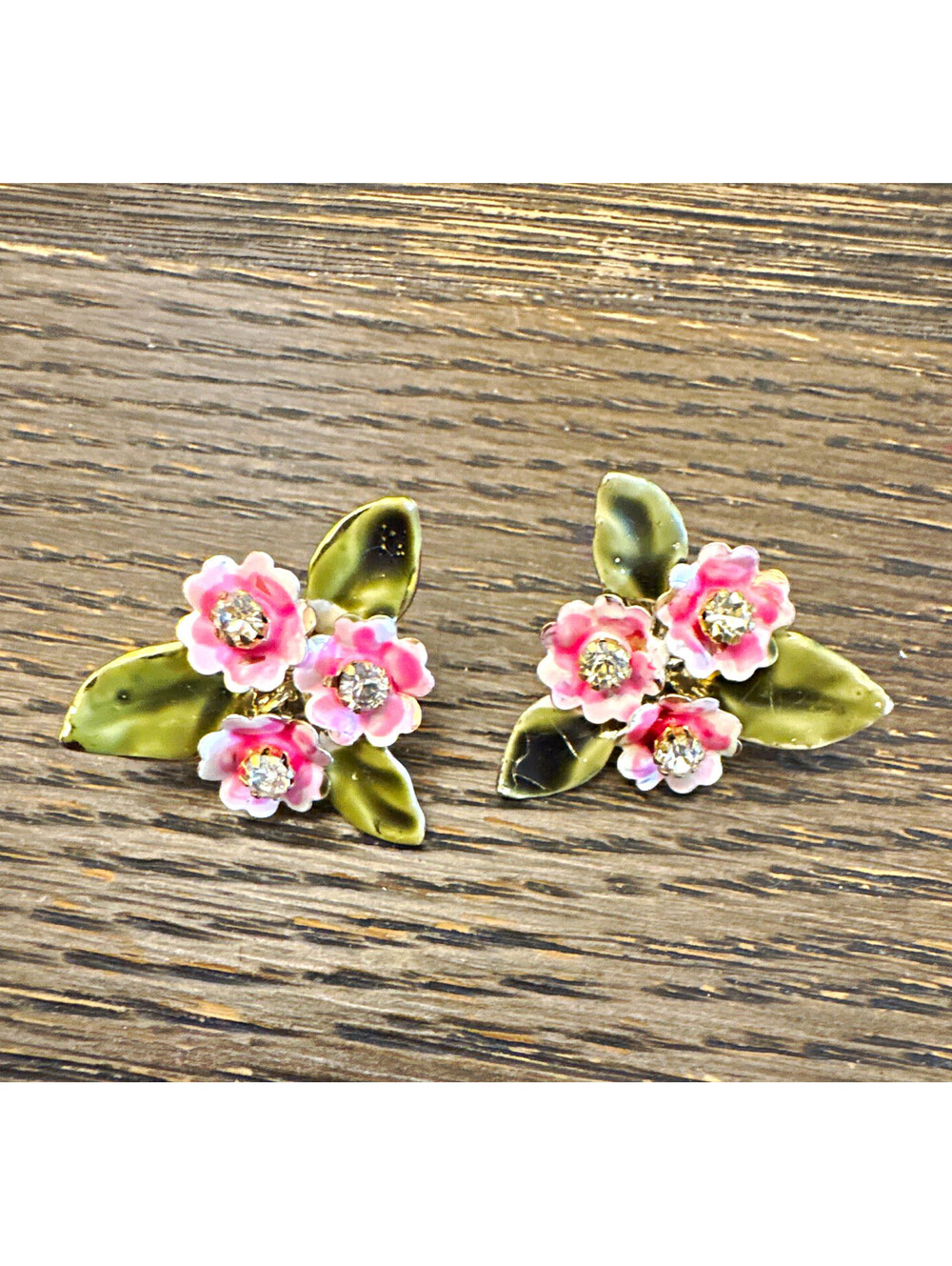 Estate Coro Pink Enamel Flower & rhinestone Clip-On Earrings